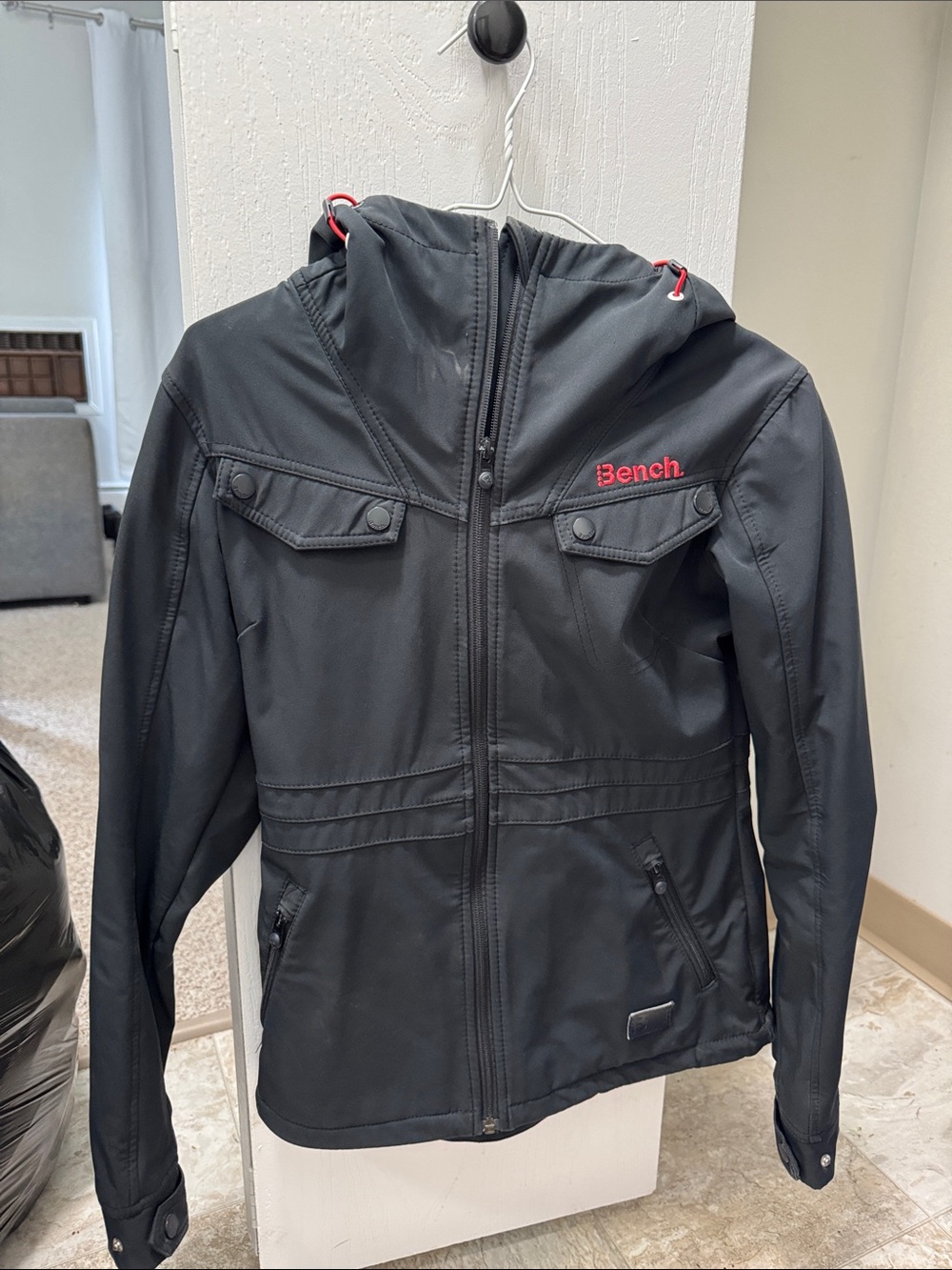Bench Black Hooded Lightweight Jacket with Red Logo Accents